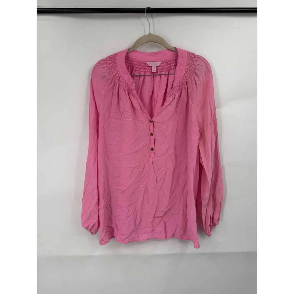 Lilly Pulitzer Elsa Silk Blouse Women's XL Pink Long Sleeve Smocked Tunic Top